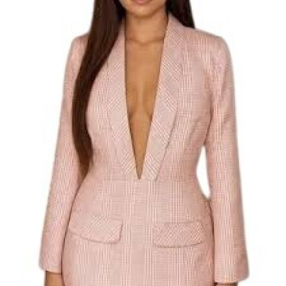 NWT Choosy 4 Pink Plaid Long Sleeve Blazer Dress With Deep V Neckline - Picture 3 of 14